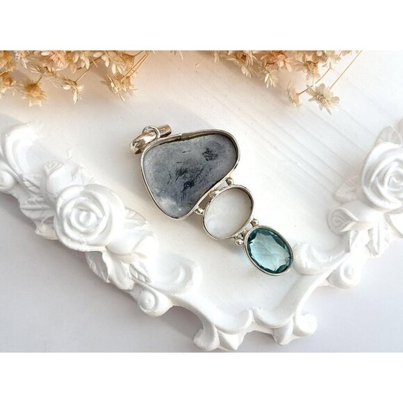 Agate, Mother of Pearl & Aquamarine Gemstone Sterling Silver 925 Vintage Pendant - Picture 2 of 10